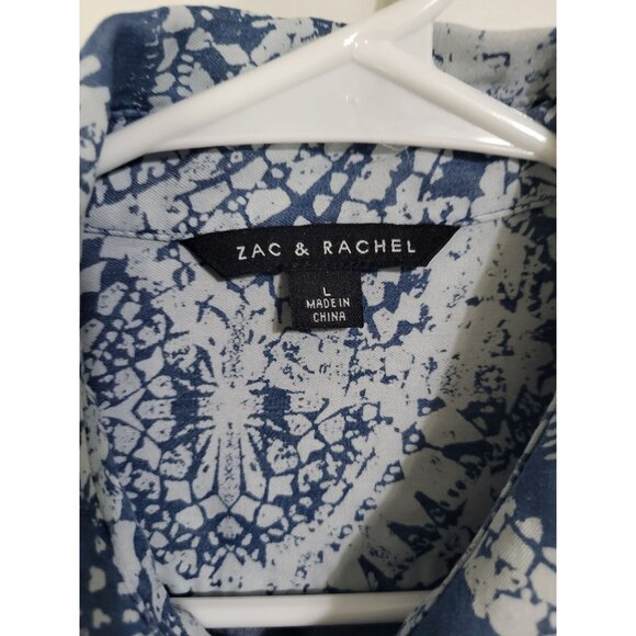 Zac & Rachel Women's LG Blue Patterned Tunic Blouse Roll-Tab Sleeve Boho Artsy - Picture 4 of 9